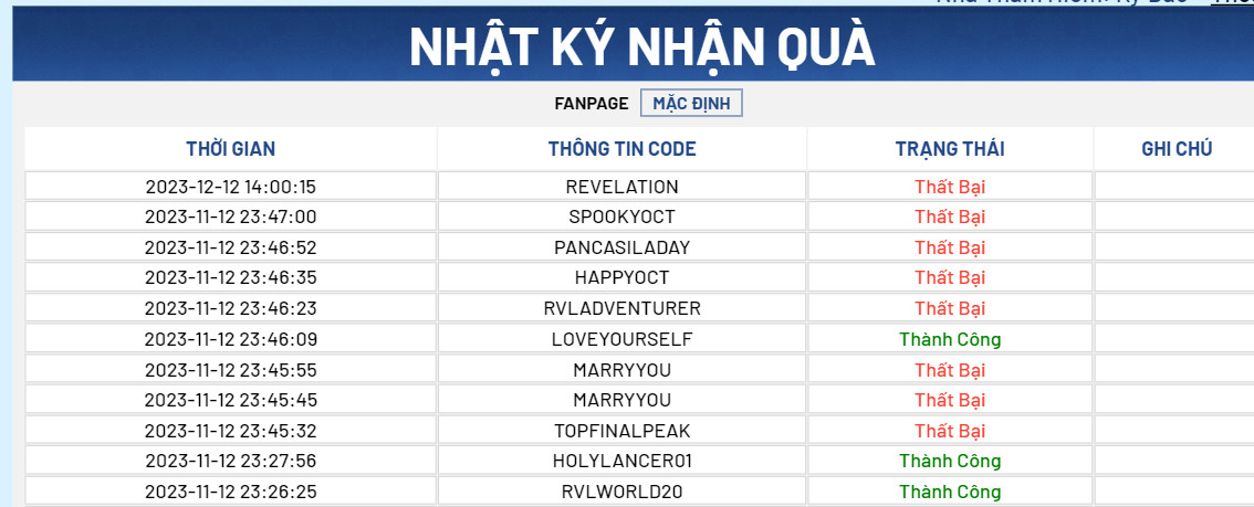 Lịch sử nhập code Thiên Dụ