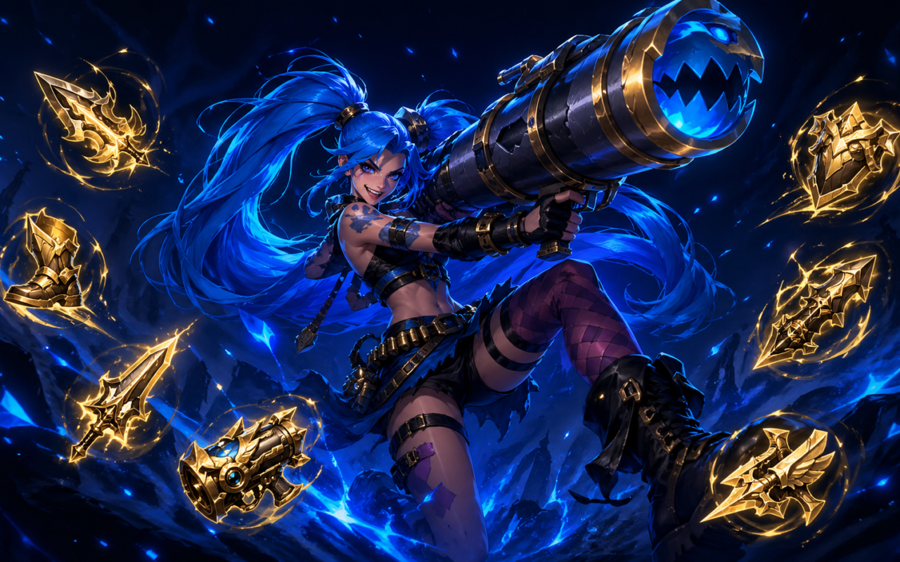 Minh họa nhân vật Jinx LOL với build item mạnh nhất patch 26.8