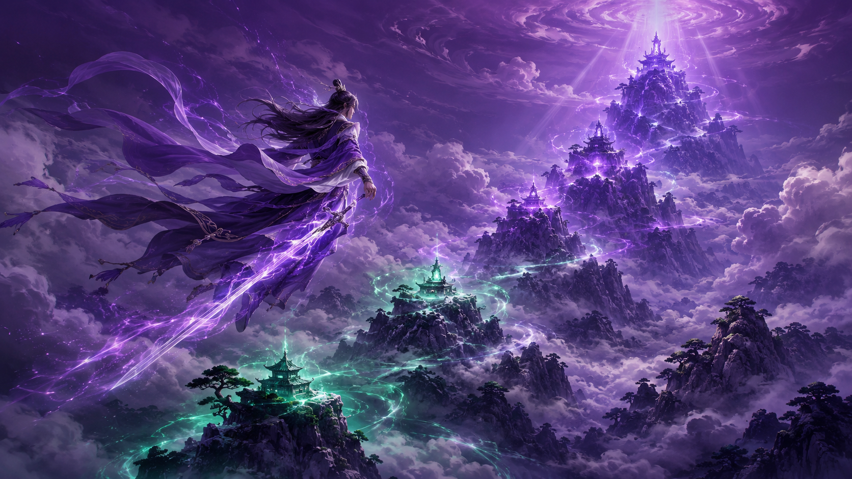 Cảnh giới trong Thương Nguyên Đồ — minh hoạ Eastern fantasy với cultivator bay qua các đỉnh tu luyện