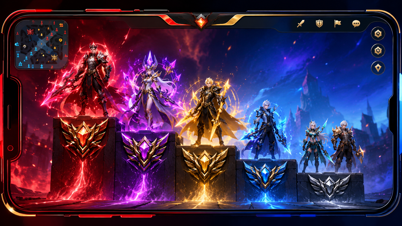 Liên Quân Tier List tháng 5/2026 — minh hoạ AOV heroes podium mobile MOBA UI style