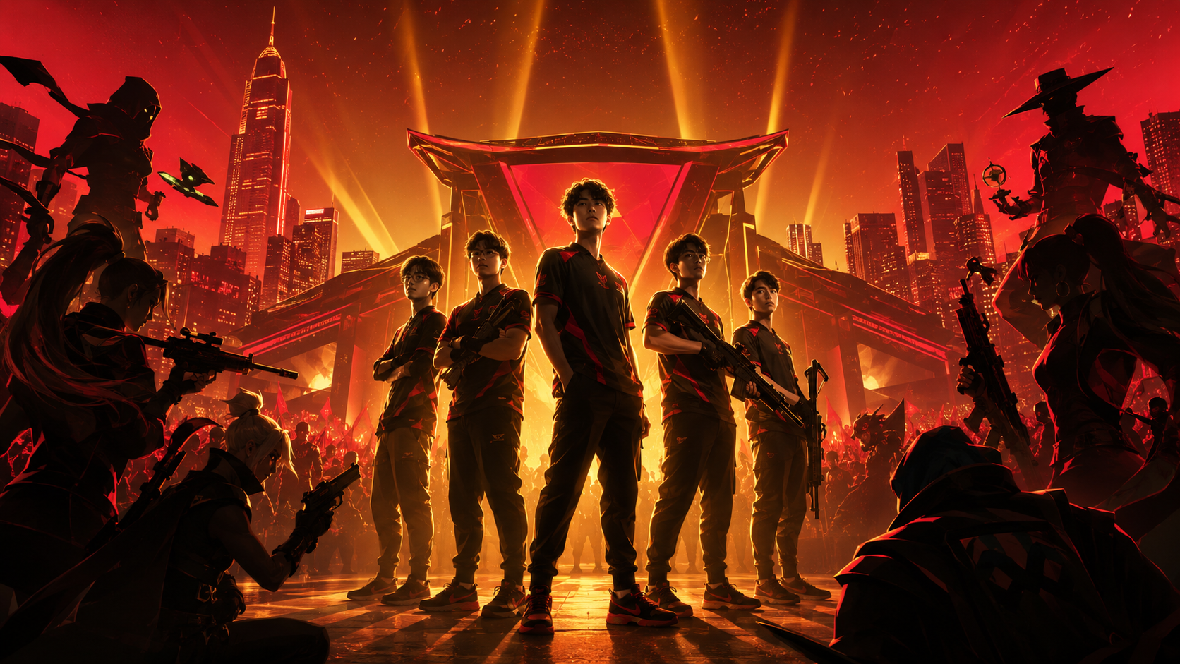 Valorant Esport Việt Nam 2026 — minh hoạ team lineup tactical-shooter poster style với spotlight gold