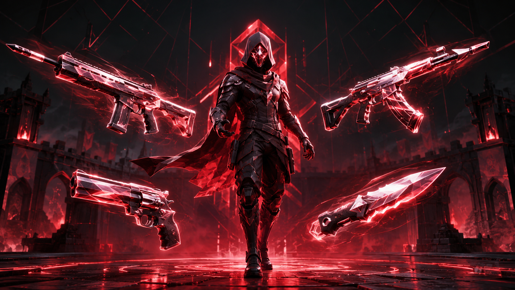 Minh hoạ Valorant Episode 10 mới 2026 — agent controller mới và Phantom Vandal Sheriff skin xoay quanh trên nền pháo đài Citadel