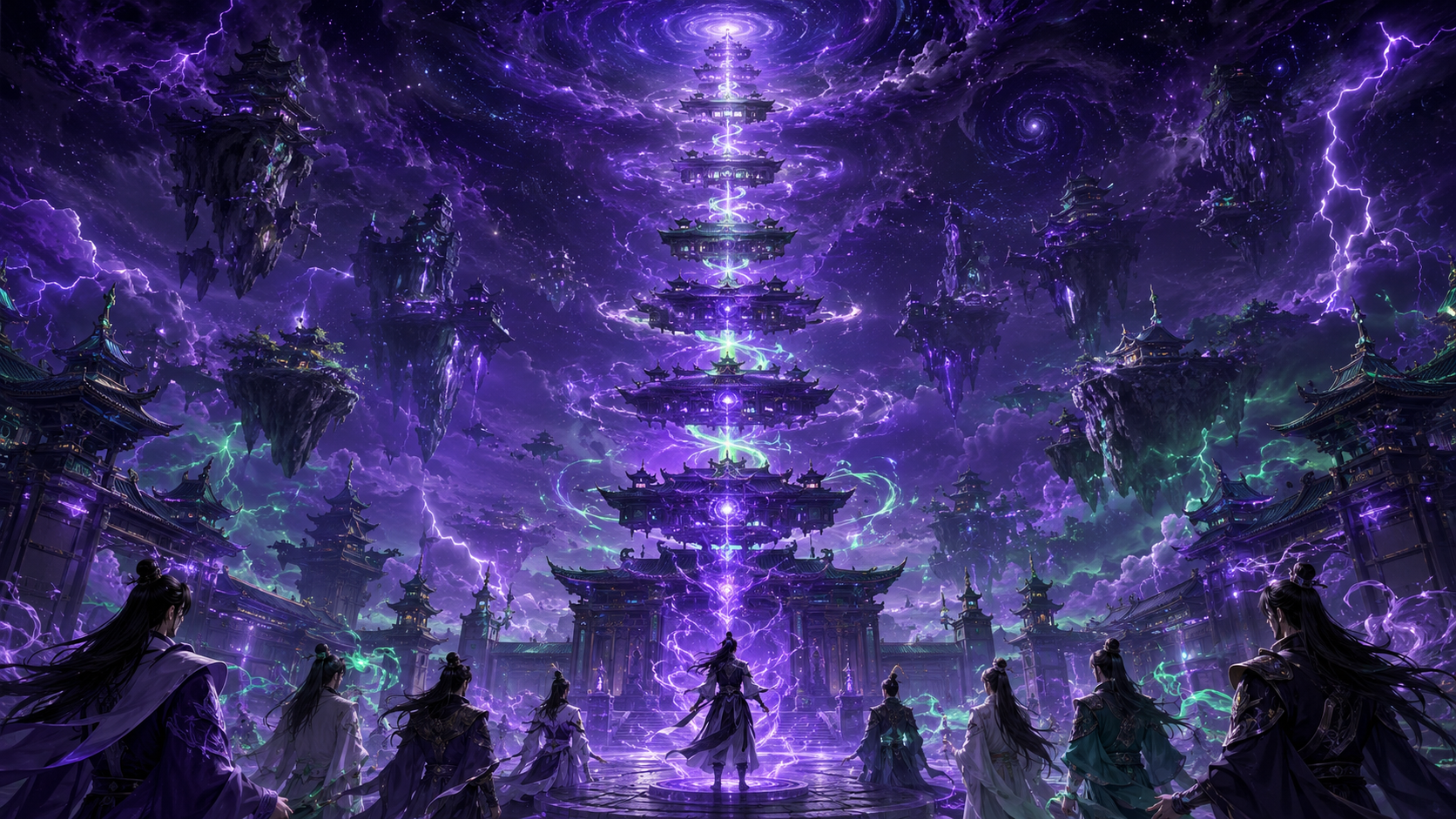 Cấp bậc Thôn Phệ Tinh Không — minh hoạ 8 tầng cảnh giới tu luyện theo phong cách light-novel cosmic