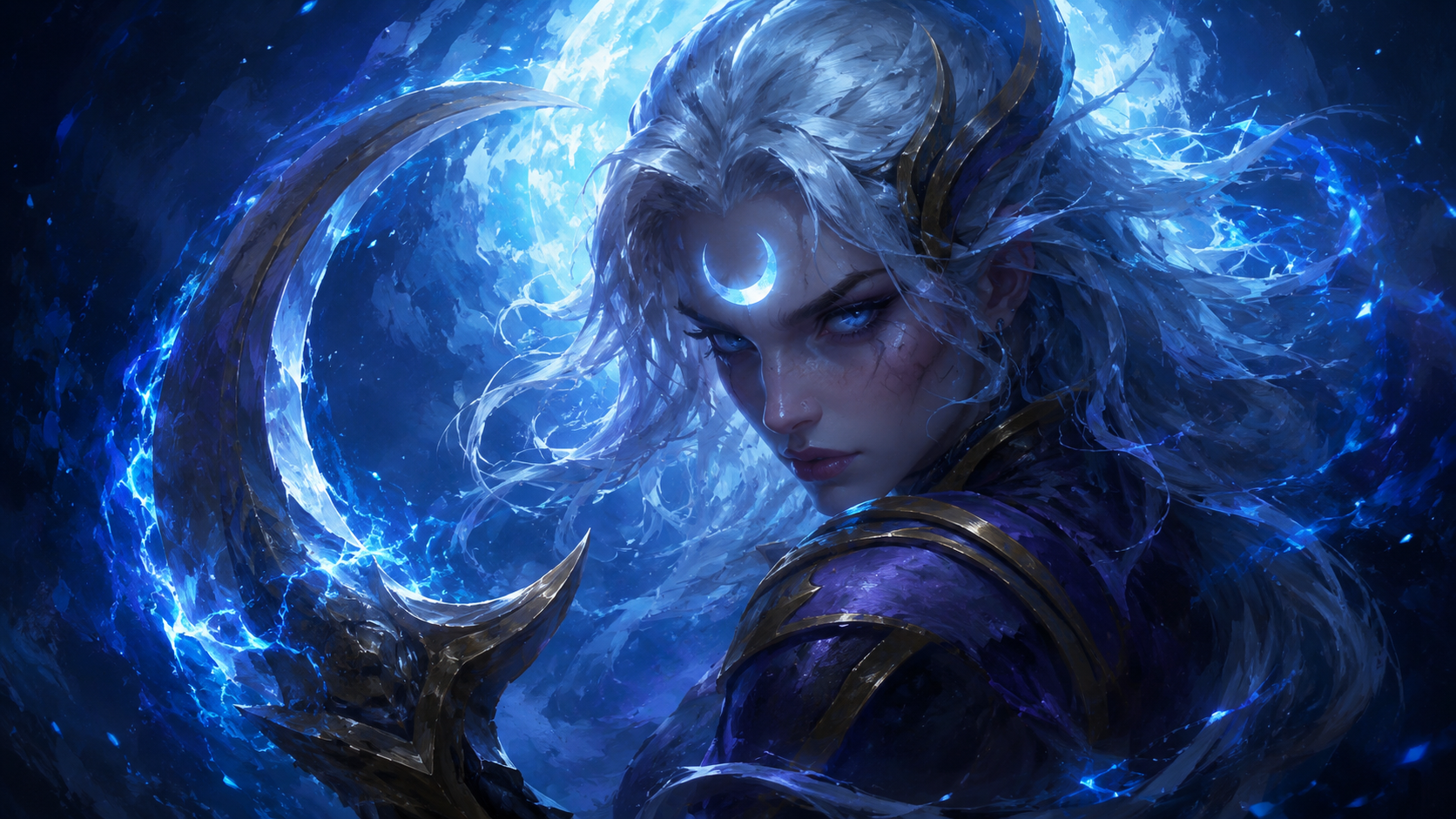 Build Diana LoL Patch 26.11 — minh hoạ Diana chân dung painterly fantasy với moon halo