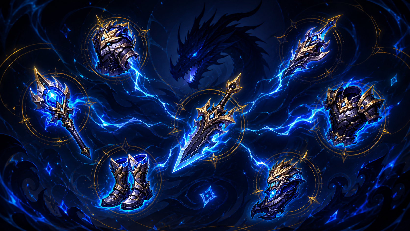 Build Pandemonium Season 2 LMHT 2026 - item icons LMHT bay quanh dragon silhouette với năng lượng arcane xanh điện - vàng