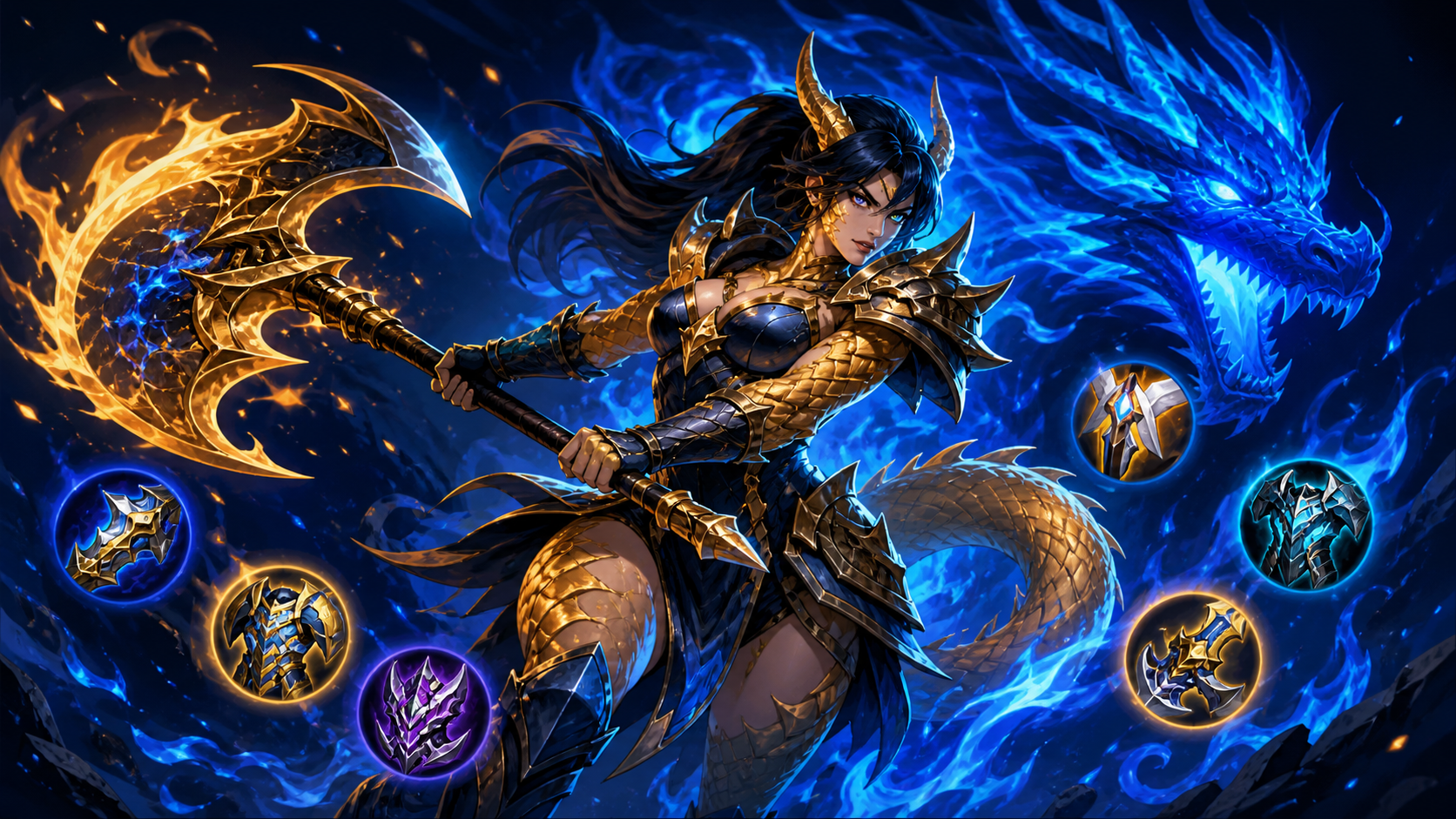 Build Shyvana rework Patch 26.9 LMHT - dạng người với rìu lửa và dragon spirit aura xanh điện