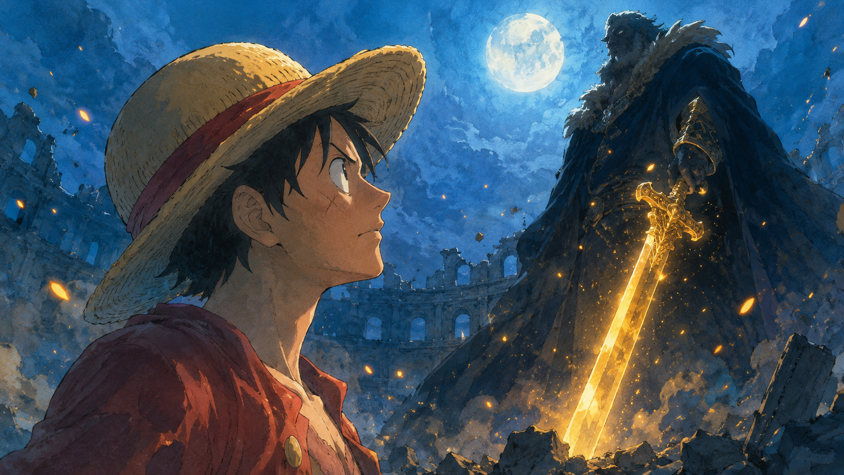 Minh hoạ spoiler One Piece 1189 — chân dung hải tặc mũ rơm đối đầu hoàng đế bí ẩn, phong cách watercolor anime