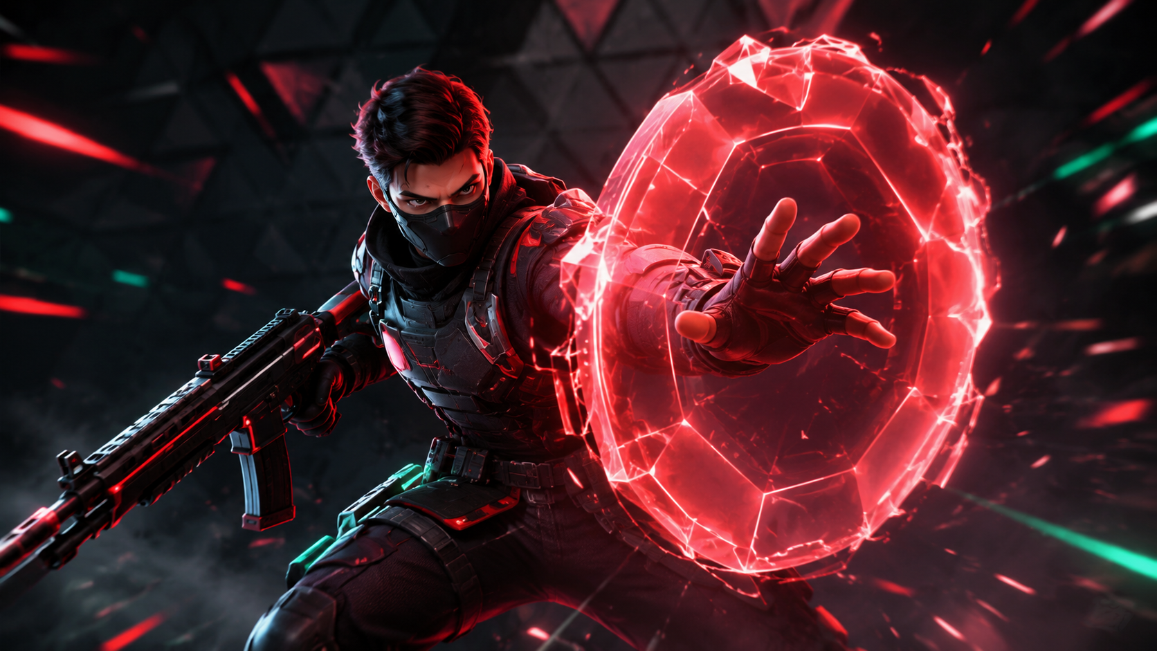 Minh hoạ cách chơi ISO Valorant sau bản 13.01 — duelist tạo lá chắn năng lượng, phong cách 3D cinematic đỏ đen
