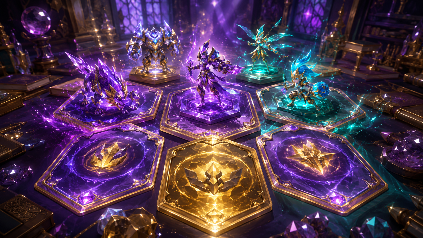 Minh hoạ cách lên rank TFT Set 17 patch 17.7 — thẻ tăng cường và tướng trên ô lục giác, phong cách pha lê 3D tím vàng