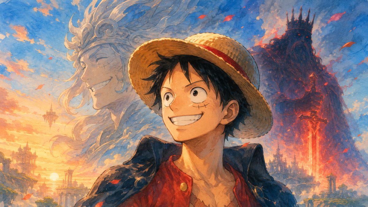 Minh hoạ One Piece 1188 — Joy Boy lộ diện, chân dung Luffy phong cách watercolor với bóng Imu cầm kiếm Void