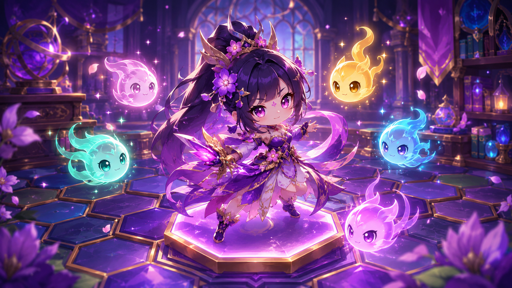 Minh hoạ cơ chế Wisps TFT Set 18 — chibi anime style, carry tộc Blossom trên ô lục giác với các quả cầu wisp phát sáng