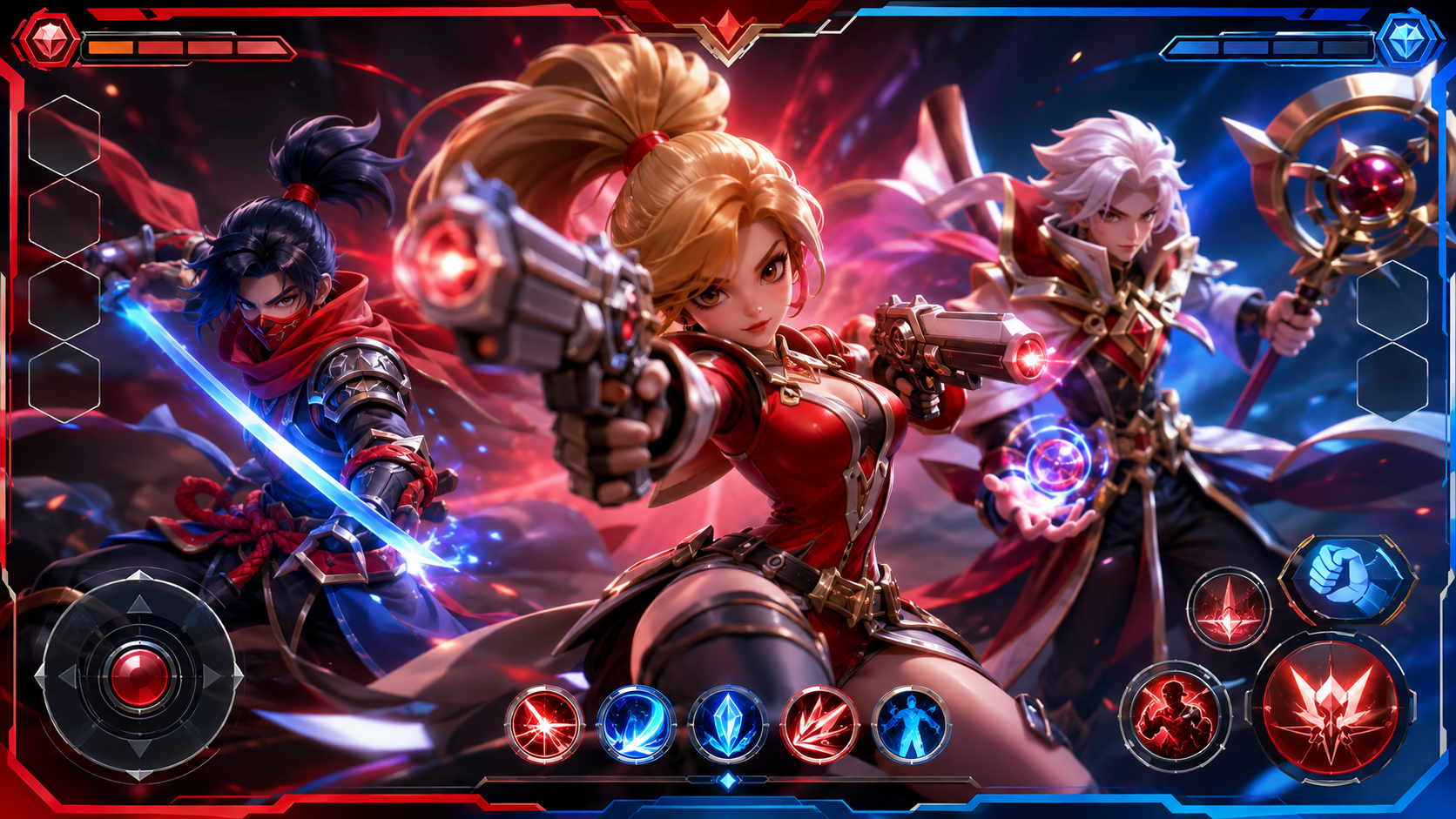 Tier list Liên Quân tháng 8/2026 — minh hoạ 3D figurine ba tướng mạnh nhất Violet, Hayate, Gildur với nền UI mobile đỏ-xanh