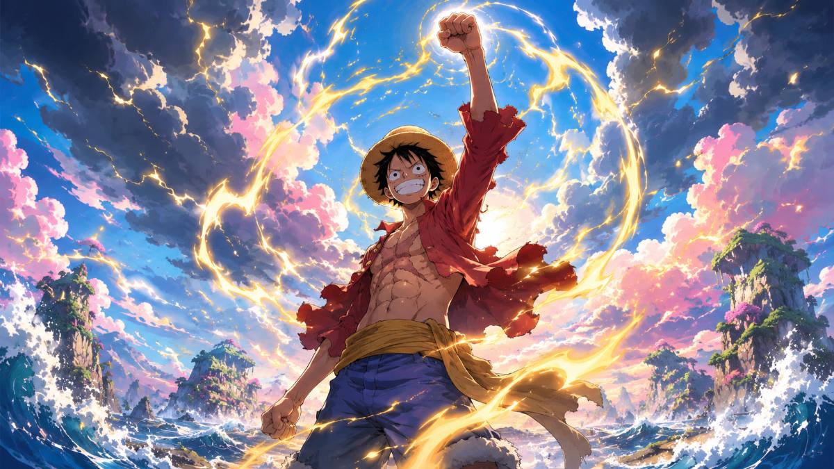 Minh hoạ One Piece 1192 — hải tặc mũ rơm với hào quang sấm sét, anime style