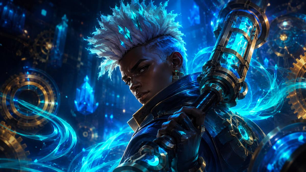 Minh hoạ Ekko mid LoL 26.18 — digital painting cyan hextech