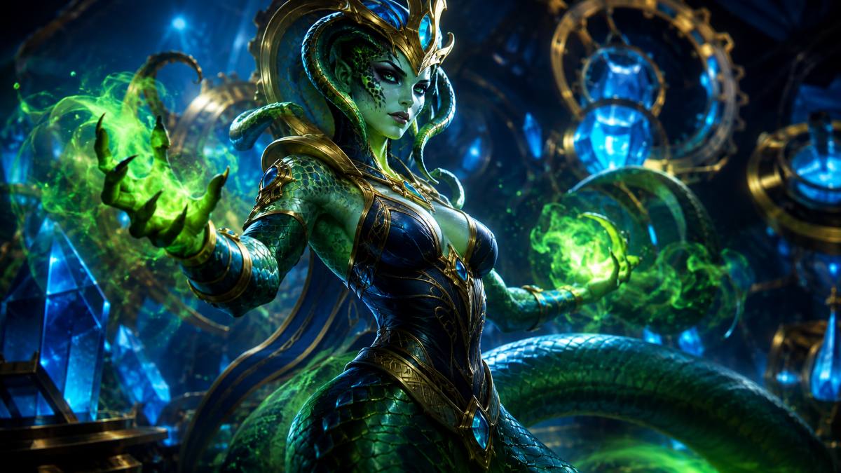 Minh hoạ Cassiopeia LoL 26.18 — digital painting độc xanh, hextech